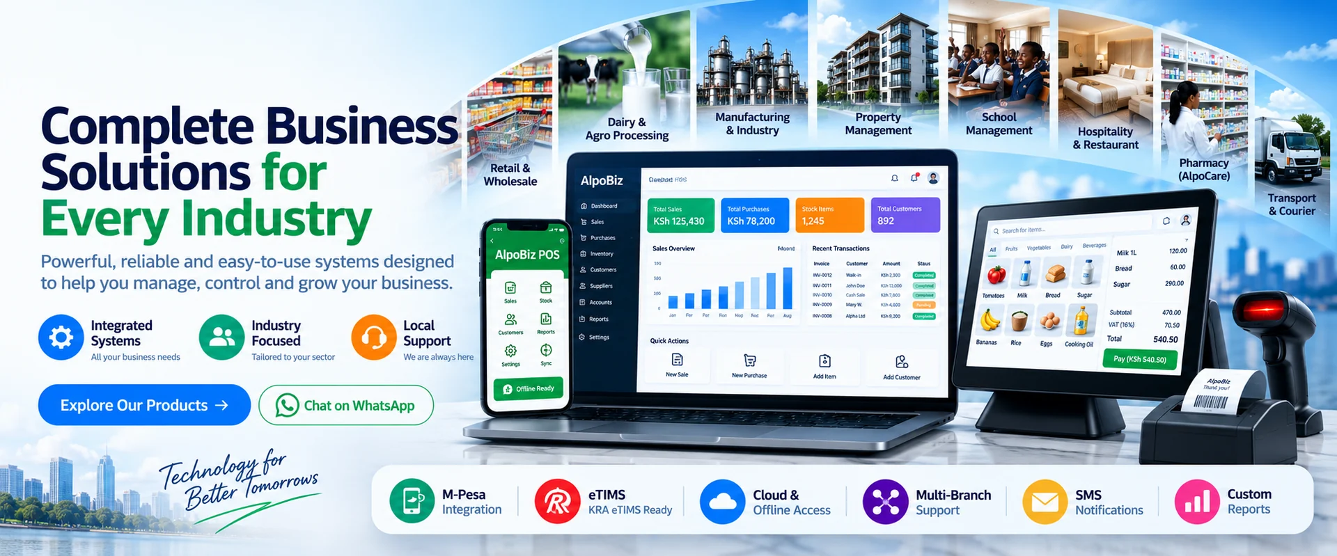 AlpoBiz complete business solutions for retail, dairy, manufacturing, property, school, hospitality, pharmacy and transport